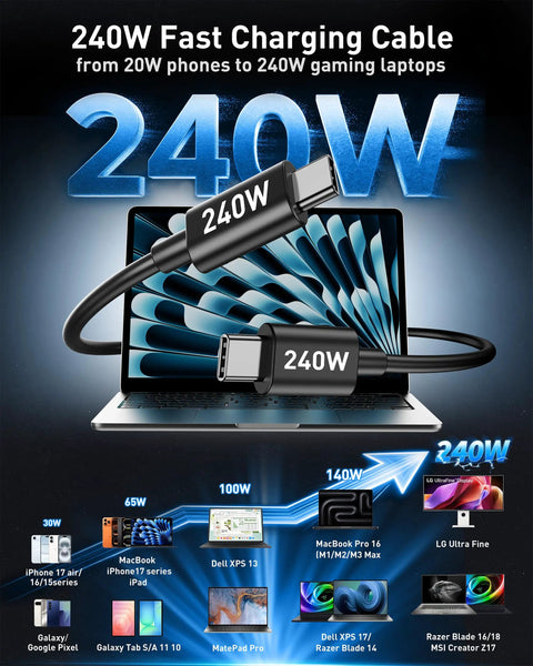 240W fast charging cable with USB-C connectors shown charging a laptop, compatible with multiple devices including gaming laptops.