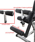 Adjustable thigh support on leg extension and leg curl machine for home gym, 9 positions, steel frame, padded cushion