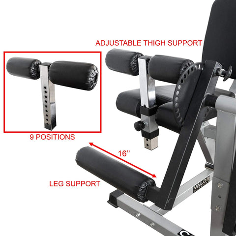 Adjustable thigh support on leg extension and leg curl machine for home gym, 9 positions, steel frame, padded cushion