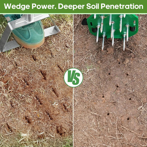 Comparison of foot-wedge aerator and Semi Assembled Lawn Aerator With Four Steel Spikes Non Clogging Design on soil