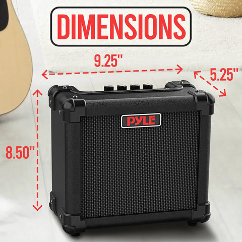 Compact 10 Watt Electric Guitar Amp With 5 Inch High Definition Speaker dimensions shown for practice and small gigs.