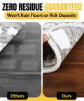 Comparison showing No Slip Double Sided Rug Tape 2 Inch By 30 Yard without residue and a competitor with residue on floors.