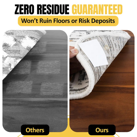 Comparison showing No Slip Double Sided Rug Tape 2 Inch By 30 Yard without residue and a competitor with residue on floors.