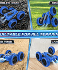 Double Sided 360 Degree RC Stunt Car With 4WD Power 2.4GHz Remote Control shown on cobbled road, grass, mud, and carpet