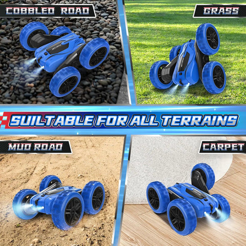 Double Sided 360 Degree RC Stunt Car With 4WD Power 2.4GHz Remote Control shown on cobbled road, grass, mud, and carpet