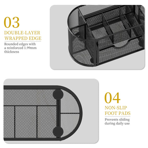 Mesh Desk Organizer With Drawers, 9 Compartments Pencil Holder For Desk, showing double-layer wrapped edges and non-slip foot pads.