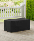 All Weather Outdoor Coffee Table Cover For Backyard Waterproof Patio Table Cover Heavy Duty Black Shield Protects From Sun Rain Snow Dirt Fits Most Standard Coffee Tables Keeps Your Furniture Looking New on a wooden deck.