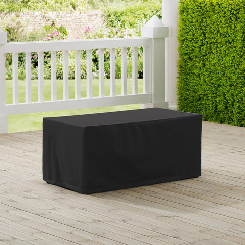 All Weather Outdoor Coffee Table Cover For Backyard Waterproof Patio Table Cover Heavy Duty Black Shield Protects From Sun Rain Snow Dirt Fits Most Standard Coffee Tables Keeps Your Furniture Looking New on a wooden deck.