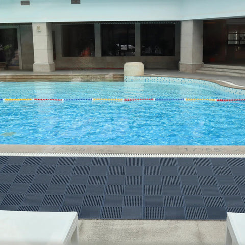 9 Pack 12 Inch Square Interlocking Floor Tiles With 0.4 Inch Thick Dark Gray Non Slip Mats And Drainage Grooves for pool deck.