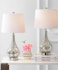 Mercury Silver Glass Table Lamp Set Of 2 With White Linen Shades, 25.5 Inch Sleek Modern Transitional Trellis Design, on white table