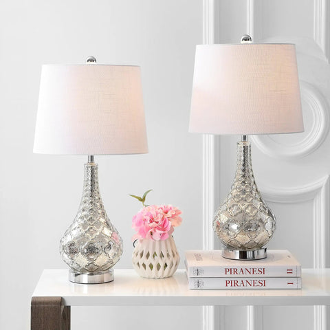 Mercury Silver Glass Table Lamp Set Of 2 With White Linen Shades, 25.5 Inch Sleek Modern Transitional Trellis Design, on white table