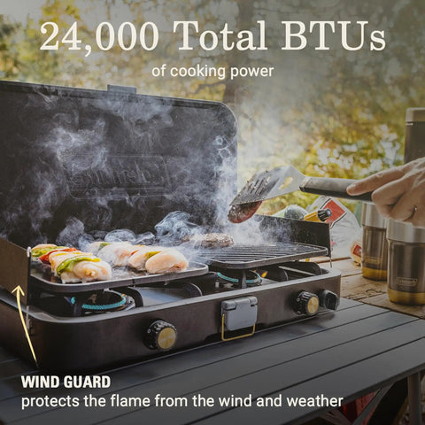3 In 1 Propane Camping Stove With Cast Iron Grill And Griddle, 24,000 BTU Dual Adjustable Burners in outdoor setting