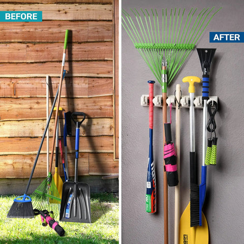 Mop And Broom Holder Wall Mount With Five Slots And Six Hooks installed, showing organized tools in home garage.