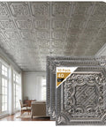 PVC 2x2 Ceiling Tile In Aged Silver, Lay-In Or Glue-Up Cover For 40 Sq Ft, 10 Piece Set, Elizabethan Shield Design