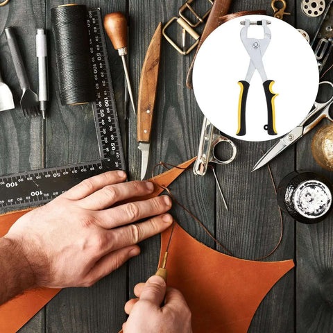 Handheld Hole Punch Pliers Stainless Steel Belt Puncher Tool used in leather crafting with toolset on wooden table
