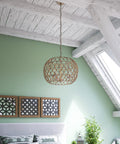 Room with Rustic Woven Pendant Light Fixture Tan With Rope Shade Boho Three Light Ceiling Lamp 14.5 Inch High 20 Inch Wide