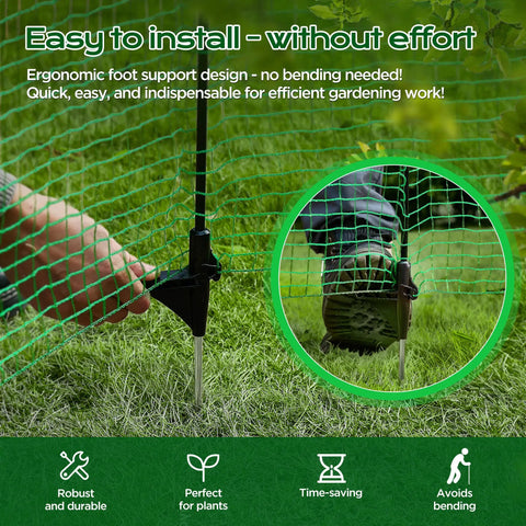 Movable Temporary Fence With Posts 3 Ft By 50 Ft Plastic Mesh Safety Barrier For Dogs And Pets being installed with foot support and peg on grass