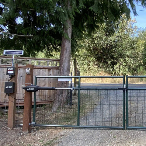Heavy Duty Solar Dual Automatic Gate Opener Kit For Swing Gates Up To 20 Feet With 10 Watt Solar Panel Included DIY Residential Driveway Gate Opener For Gates Up To 900 Pounds And 12 Feet Long Max 24 Feet Opening Plug And Play operational on metal driveway gate.