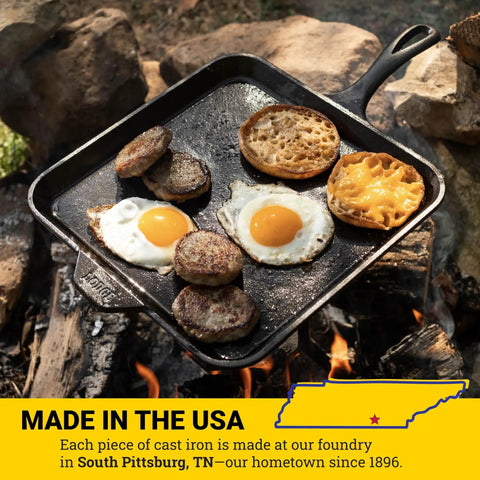 Seasoned Cast Iron Square Griddle Pan, 11 Inch Durable Cookware for Pancakes, Eggs, Bacon and Grilling Faves on campfire
