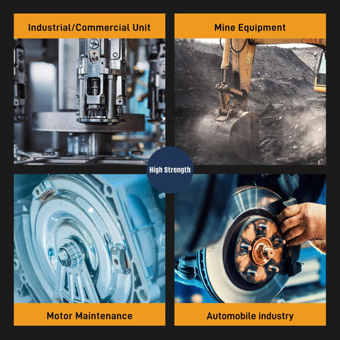 Applications of red high-strength threadlocker for M25 bolts in industrial, mining, motor maintenance, and automotive industries.