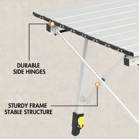 Close-up of durable side hinges on Foldable Outdoor Picnic Camping Table With Adjustable Height Aluminum Legs And Roll Up Top