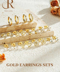 Gold Stud And Hoop Earring Set For Women With Eight Pairs Of Studs And Two Pairs Of Hoops, 14K gold plated CZ, hypoallergenic jewelry gift