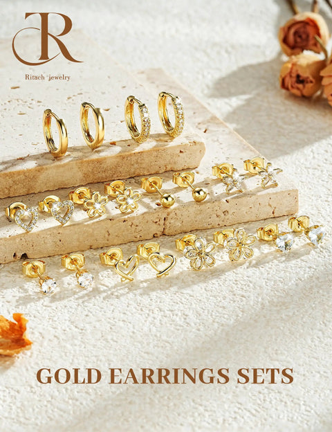Gold Stud And Hoop Earring Set For Women With Eight Pairs Of Studs And Two Pairs Of Hoops, 14K gold plated CZ, hypoallergenic jewelry gift