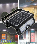 1100 Lumen Solar Outdoor LED Flood Light With PIR Motion Sensor Black Five In One Wall Mount for parking and yard.