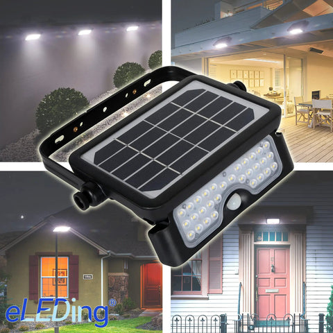 1100 Lumen Solar Outdoor LED Flood Light With PIR Motion Sensor Black Five In One Wall Mount for parking and yard.
