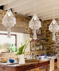 Handmade Macrame Chandelier Plug In Woven Hanging Lamp With On Off Switch 15Ft Hemp Rope Boho Pendant Light in dining area