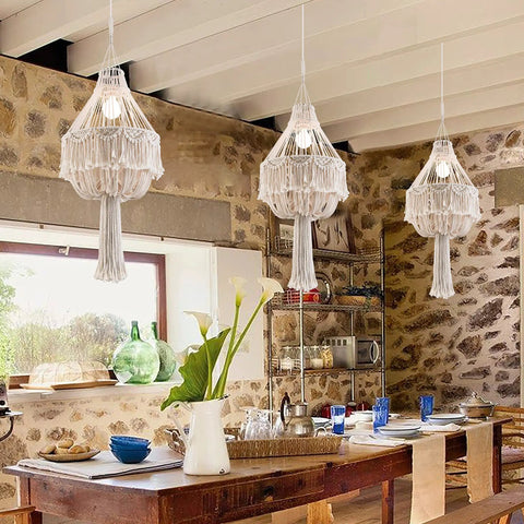 Handmade Macrame Chandelier Plug In Woven Hanging Lamp With On Off Switch 15Ft Hemp Rope Boho Pendant Light in dining area