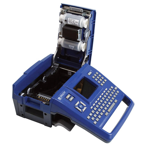 Straight Up Heavy Duty Desktop And Portable Label Printer With Quick Charge USB showing open design and tape roll compartment.