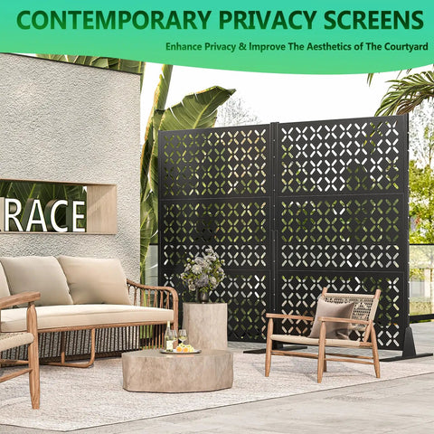 Heavy Duty Outdoor Privacy Screen Freestanding Portable Metal Panels For Deck Balcony Garden And Indoor Use 72 Inch High 46 Inch Wide With Stand Creates Immediate Privacy And Simple Room Dividers in patio setting