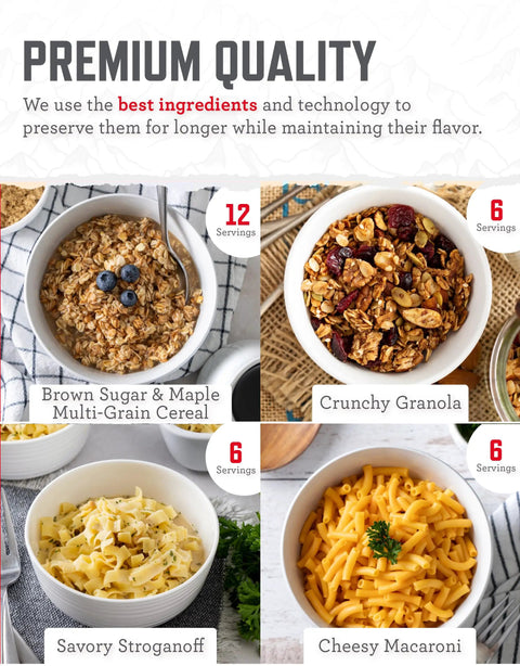 Premium quality 7 Day Emergency Food Kit for Bug Out and Camping with servings of cereal, granola, stroganoff, and macaroni.