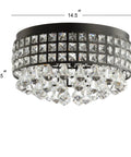 14.5 Inch Black Three Light Iron And Crystal Flush Mount Drum Ceiling Light With Faceted Crystal Drops For Bedroom Hallway Ultra Glam Illumination UL Listed And LED Bulbs Included showing dimensions and crystal detail