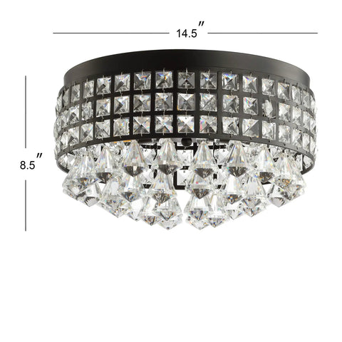 14.5 Inch Black Three Light Iron And Crystal Flush Mount Drum Ceiling Light With Faceted Crystal Drops For Bedroom Hallway Ultra Glam Illumination UL Listed And LED Bulbs Included showing dimensions and crystal detail