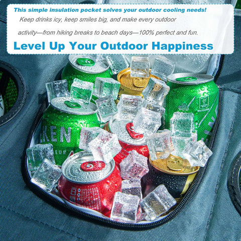 Folding Beach Table For Sand Camping With Insulated Cooler Storage And Four Cup Holders showing cooler filled with drinks and ice