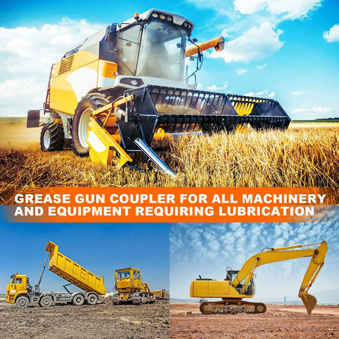AKEOIL grease gun coupler; collage of yellow farm and construction machinery including combine harvester and excavator