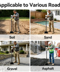 Shows use of Heavy Duty Steel Garden Tamper With 48 Inch Handle And Rubber Grip For Soil Gravel Asphalt And Lawn in diverse scenarios.