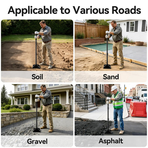 Shows use of Heavy Duty Steel Garden Tamper With 48 Inch Handle And Rubber Grip For Soil Gravel Asphalt And Lawn in diverse scenarios.
