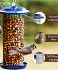 Blue Metal Mesh Bird Feeder With 360 Degree Easy Cling Mesh For Mixed Seed And Peanuts, 2 Quart Capacity, Easy Fill And Clean, Durable Outdoor Yard Decor That Attracts Clinging Birds showing easy-cling mesh and birds feeding from it.