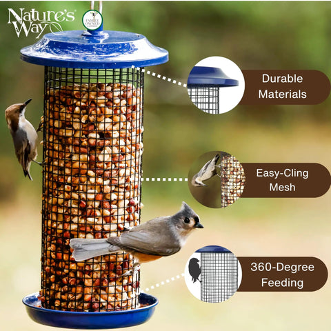 Blue Metal Mesh Bird Feeder With 360 Degree Easy Cling Mesh For Mixed Seed And Peanuts, 2 Quart Capacity, Easy Fill And Clean, Durable Outdoor Yard Decor That Attracts Clinging Birds showing easy-cling mesh and birds feeding from it.