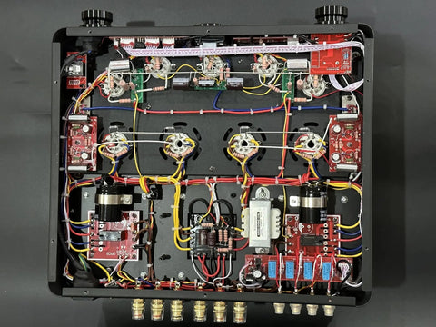 Internal view of Quad KT88 Tube Amplifier HiFi Integrated Amp With Headphone Output, showcasing circuit and wiring details.