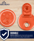 Wide Mouth Plastic Mason Jar Lids 4 Pack With Flip Cap Pour Spout And Drink Hole No Spill Easy Pour Fits Kerr Ball Canning Jars For Wet Dry Food And Liquids Made In USA Orange, top view.
