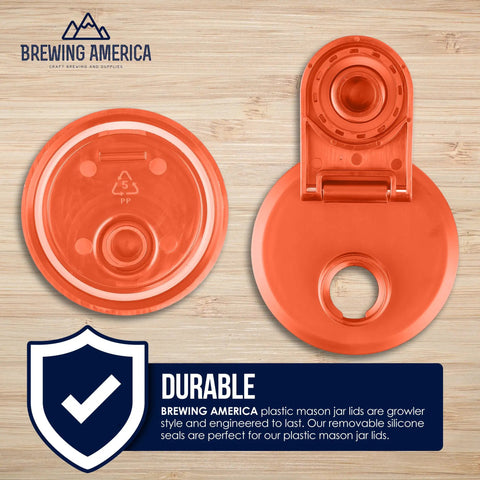 Wide Mouth Plastic Mason Jar Lids 4 Pack With Flip Cap Pour Spout And Drink Hole No Spill Easy Pour Fits Kerr Ball Canning Jars For Wet Dry Food And Liquids Made In USA Orange, top view.