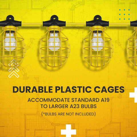 Heavy Duty 100 Foot Construction String Lights With Caged Work Light Sockets Portable Indoor Outdoor Lighting, plastic cages for A19-A23 bulbs.