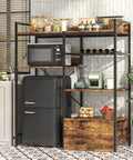 Super Handy 4 Tier Fridge Stand With Storage Shelves And Rolling Drawer Bakers Rack With Power Outlet And Wine Rack Industrial Microwave And Refrigerator Organizer For Dorm Apartment And Office with visible microwave, fridge, and storage items.