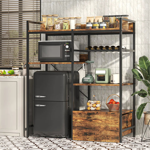 Super Handy 4 Tier Fridge Stand With Storage Shelves And Rolling Drawer Bakers Rack With Power Outlet And Wine Rack Industrial Microwave And Refrigerator Organizer For Dorm Apartment And Office with visible microwave, fridge, and storage items.