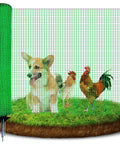 Easy Set Temporary Fence Kit With 3 Foot High 50 Foot Plastic Mesh, Fiberglass Step In Posts enclosing dog and chickens