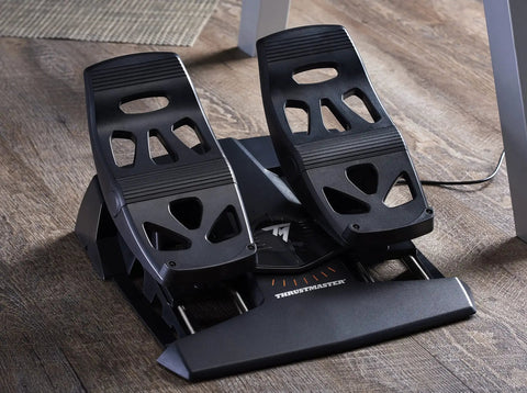 Precision Flight Sim Rudder Pedals for PS5, Xbox, and PC with long travel axis on hardwood floor